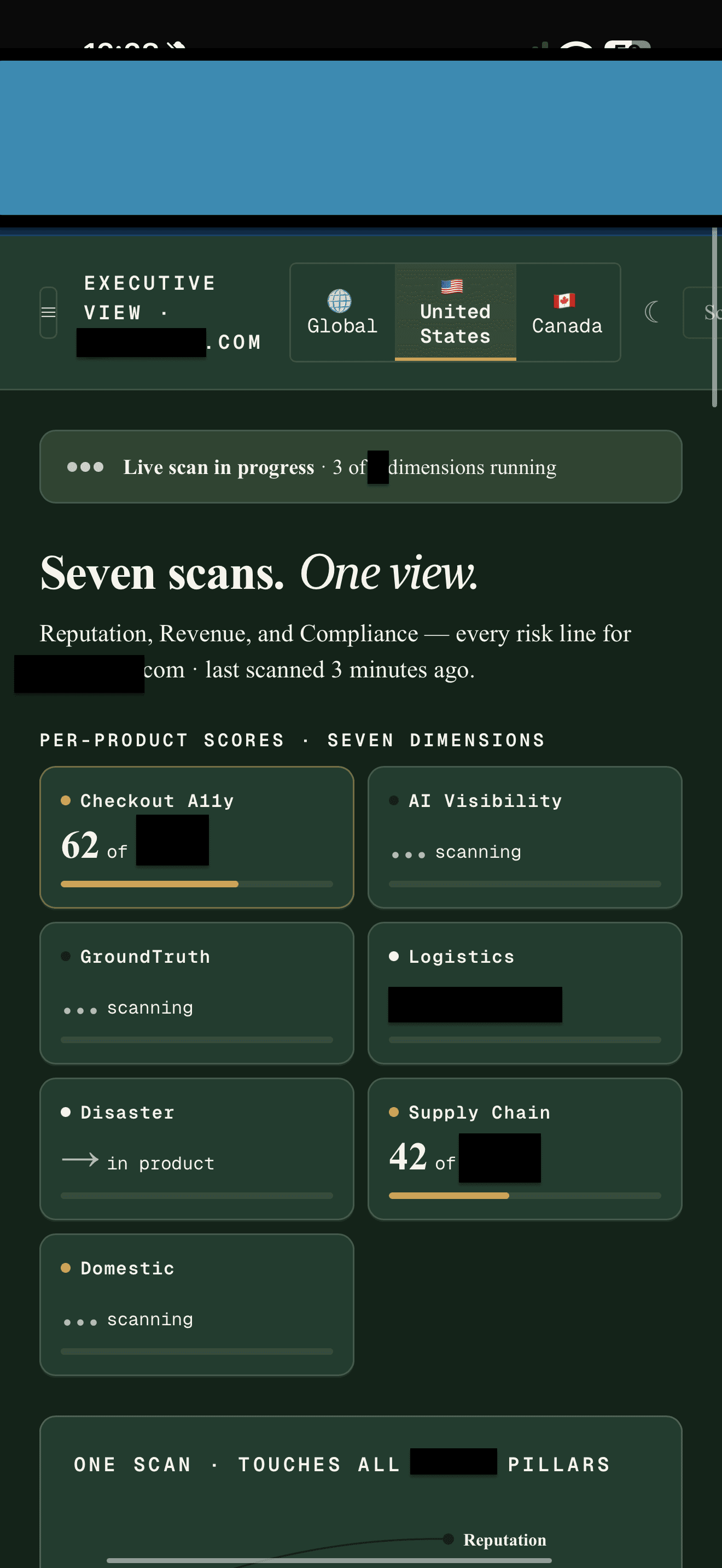 SmarterTariff Executive View (redacted) — seven scan dimensions (Checkout accessibility, AI Visibility, GroundTruth, Logistics, Disaster, Supply Chain, Domestic sourcing) with per-dimension scores and a US / Canada context toggle, in one scorecard.