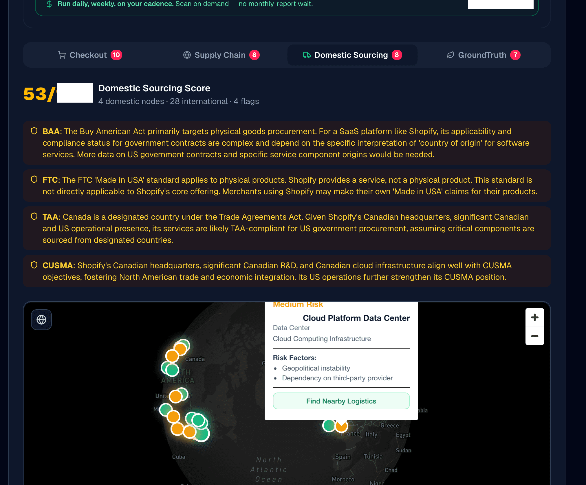 SmarterTariff Domestic Sourcing view for Shopify: a domestic-sourcing score with BAA, FTC, TAA, and CUSMA regulatory analysis and a geocoded supplier-risk map on a globe. Score maximum and a vendor name are redacted.